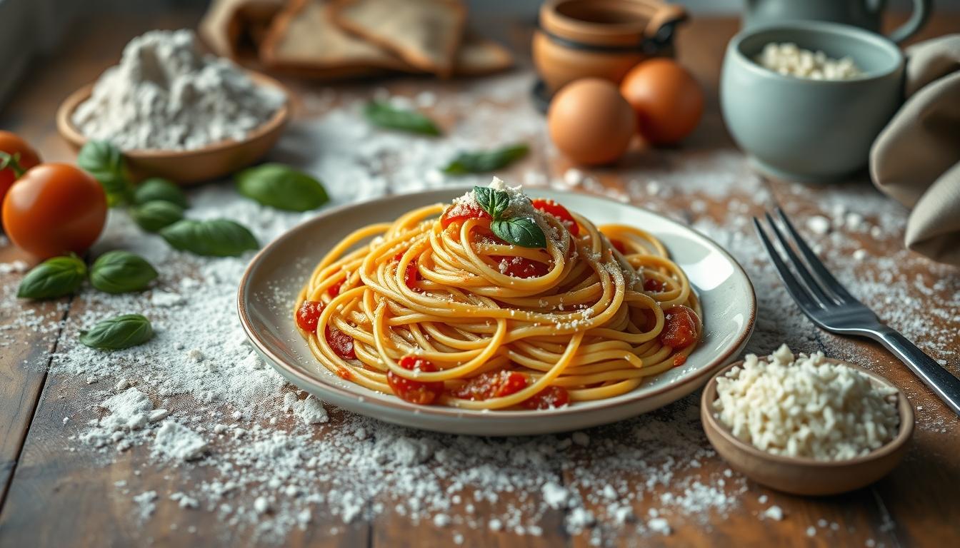 Measured baking ingredients prepared on a counter